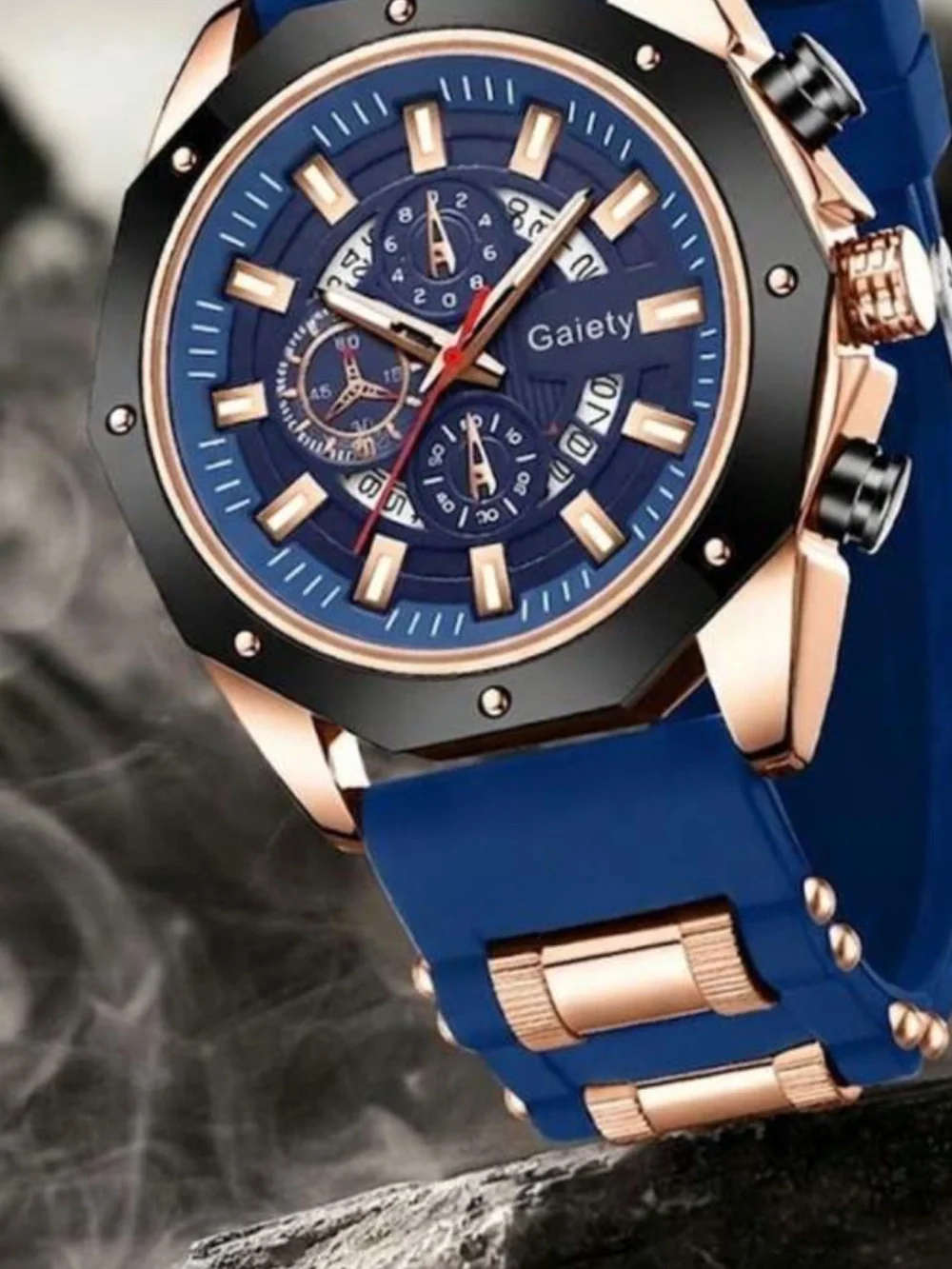 Men's Blue Silicone Strap Chronograph Watch Lightweight Navy & Rose Gold